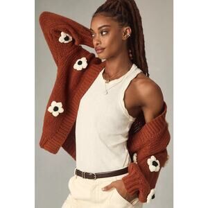 Maeve Anthropologie Chunky 3D Flower Knit O/S Women Drk Orange Cardigan One Size